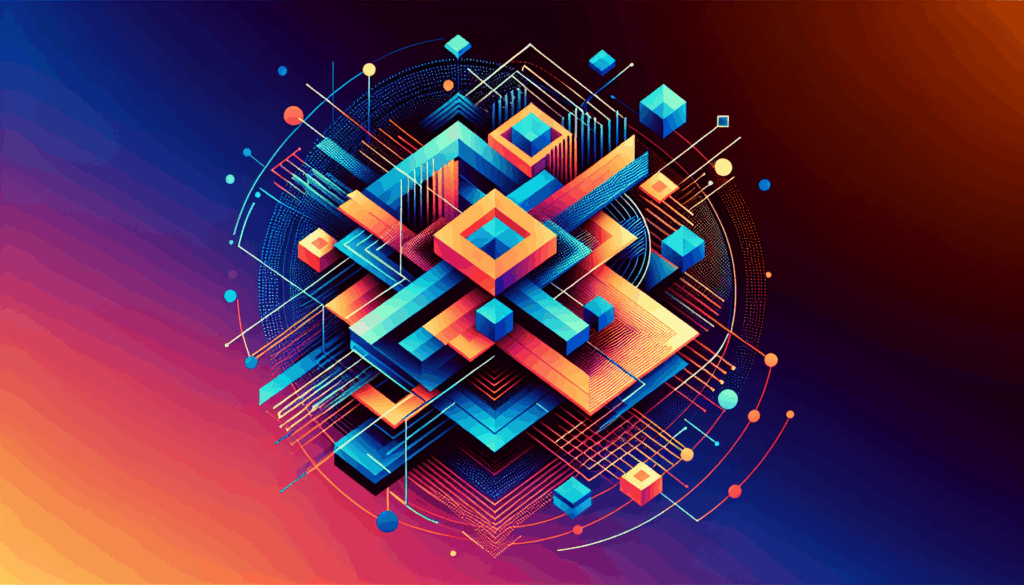 A dynamic composition featuring overlapping geometric shapes in electric blue and vibrant orange, with a gradient background that transitions from deep purple to bright pink, symbolizing innovation and connectivity in the digital age.