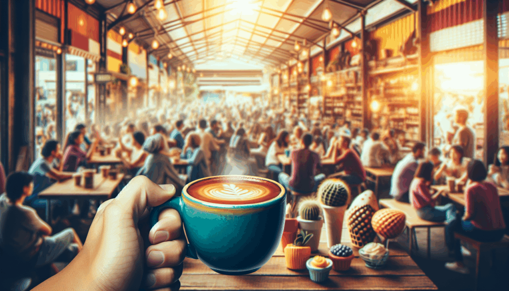 A close-up shot of a hand holding a bright, vibrant coffee cup, set against a blurred backdrop of a bustling café with warm, inviting tones, embodying a moment of connection and comfort in a real-life setting.